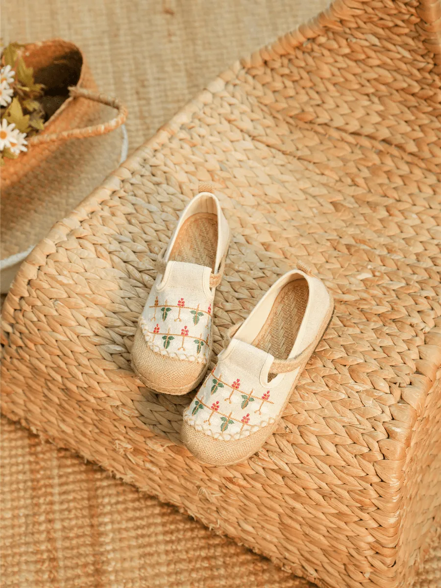 Sweet Garden Embroidered Linen Espadrille - Beige