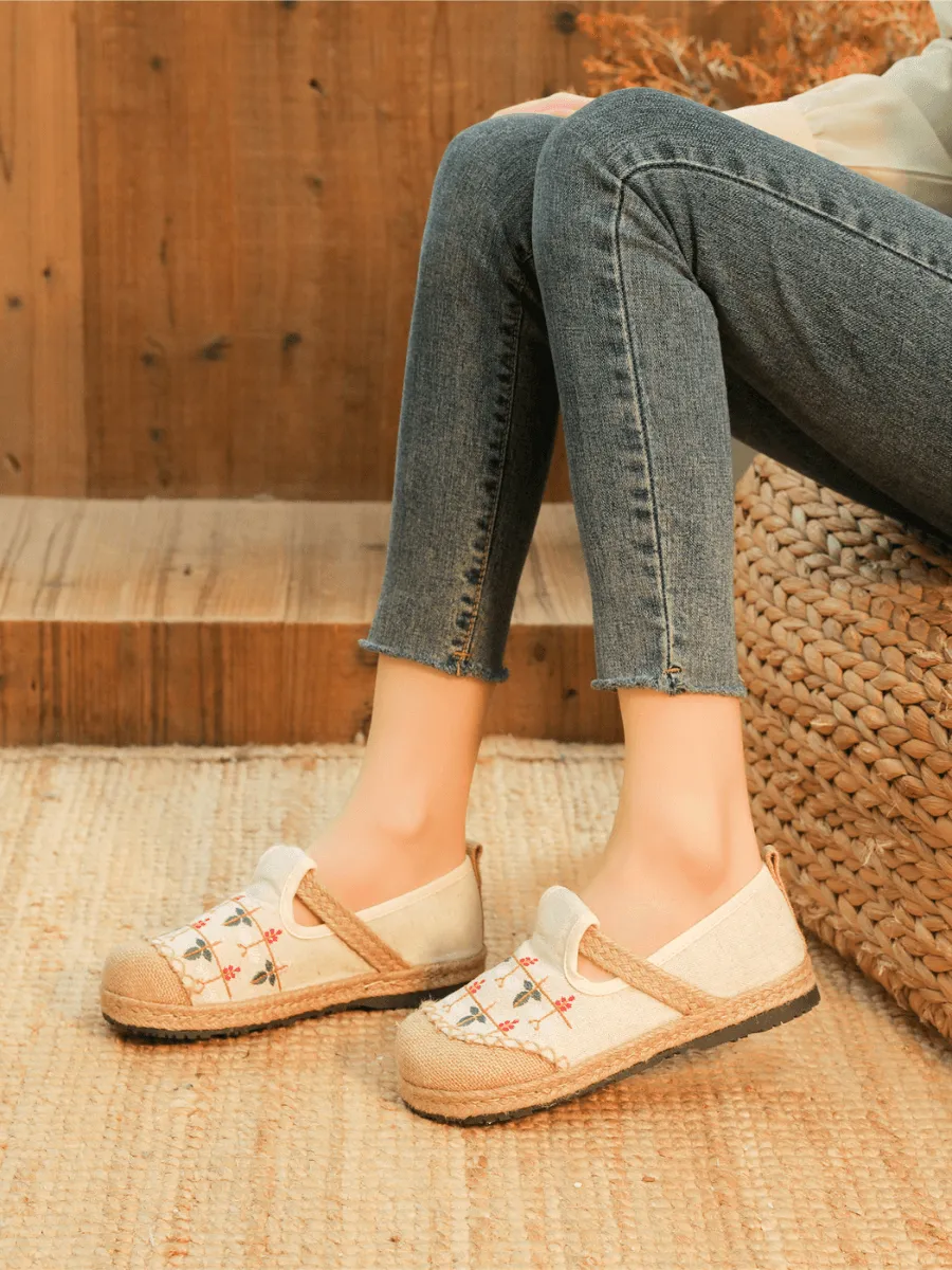 Sweet Garden Embroidered Linen Espadrille - Beige