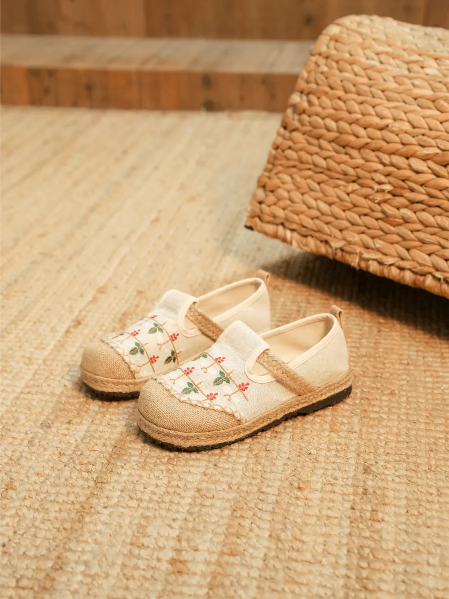 Sweet Garden Embroidered Linen Espadrille - Beige