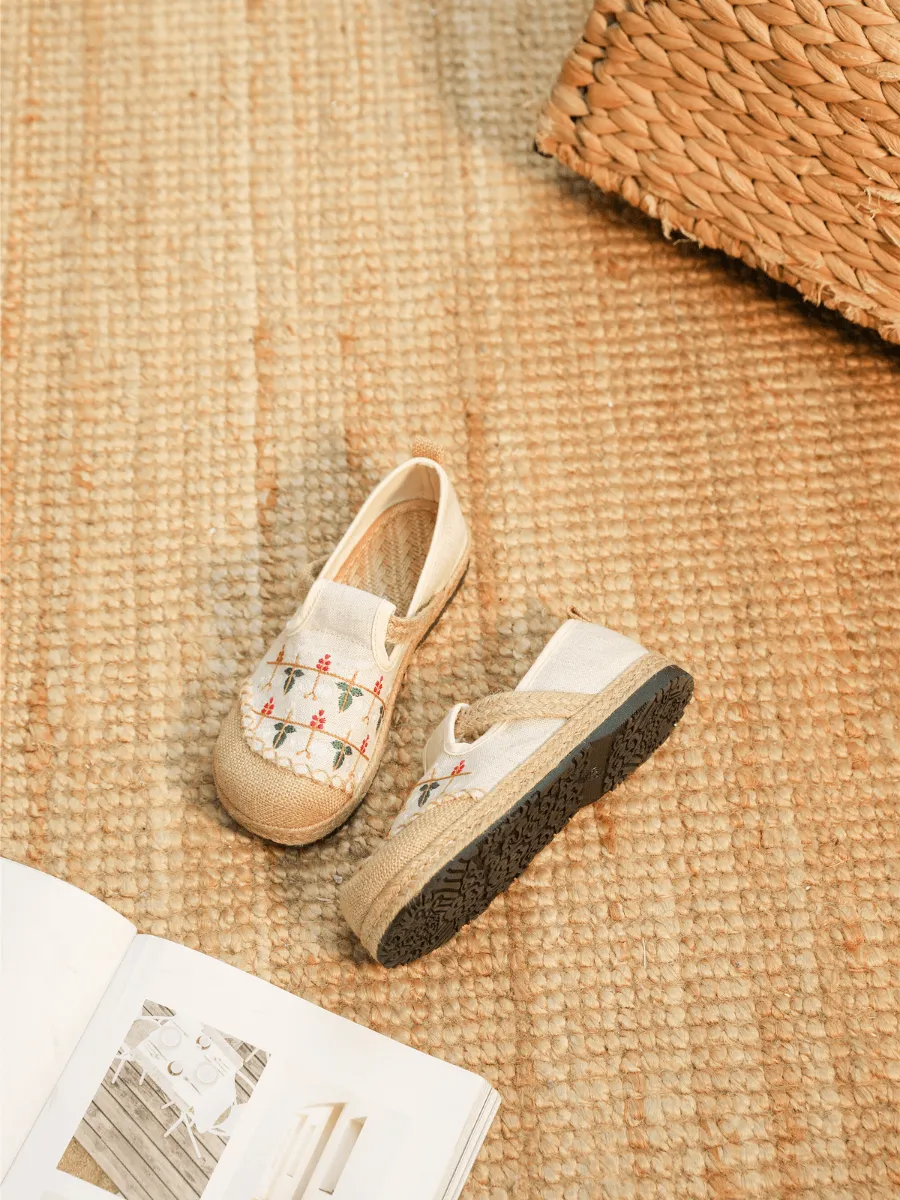 Sweet Garden Embroidered Linen Espadrille - Beige
