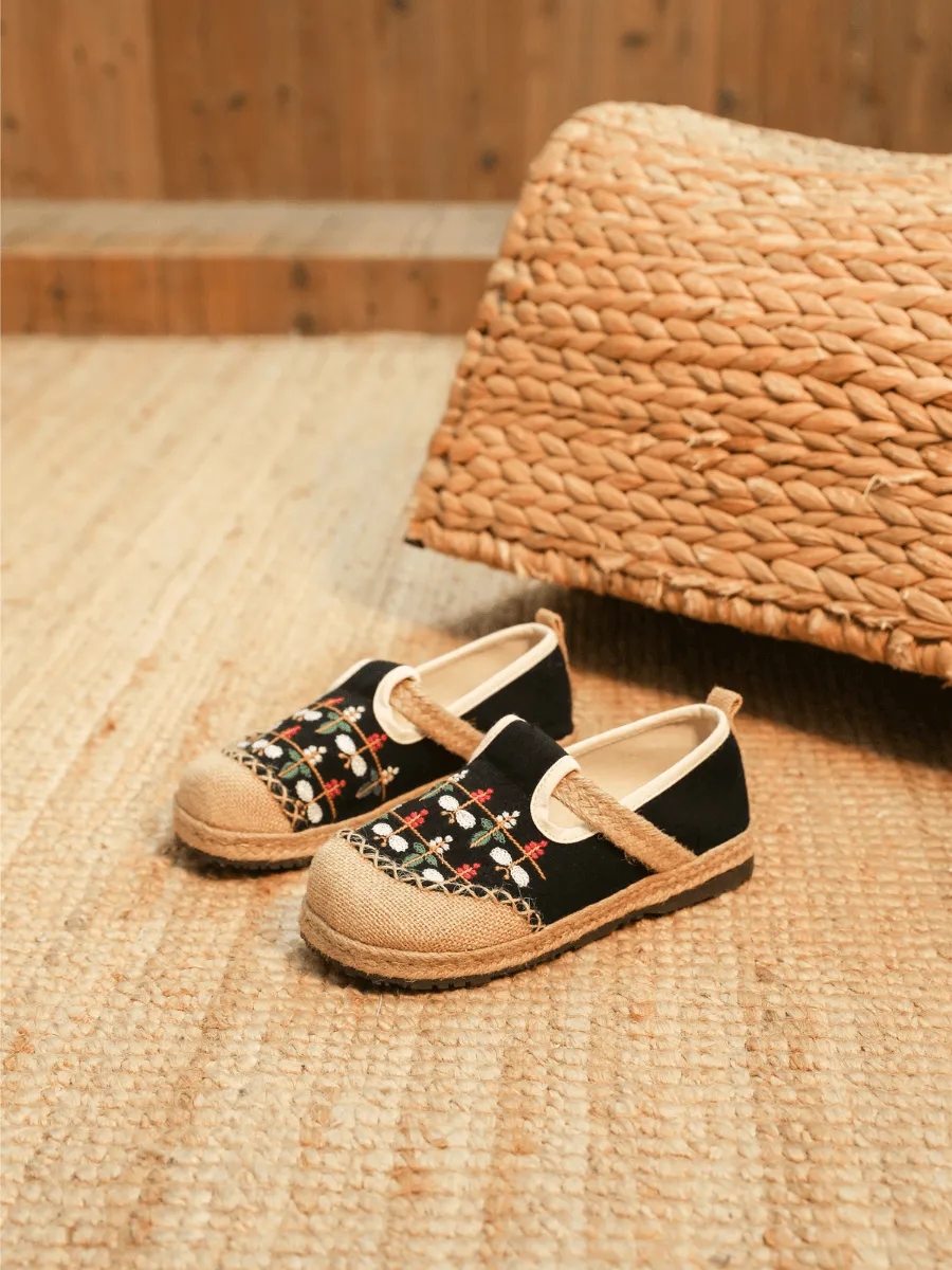 Sweet Garden Embroidered Linen Espadrille - Black