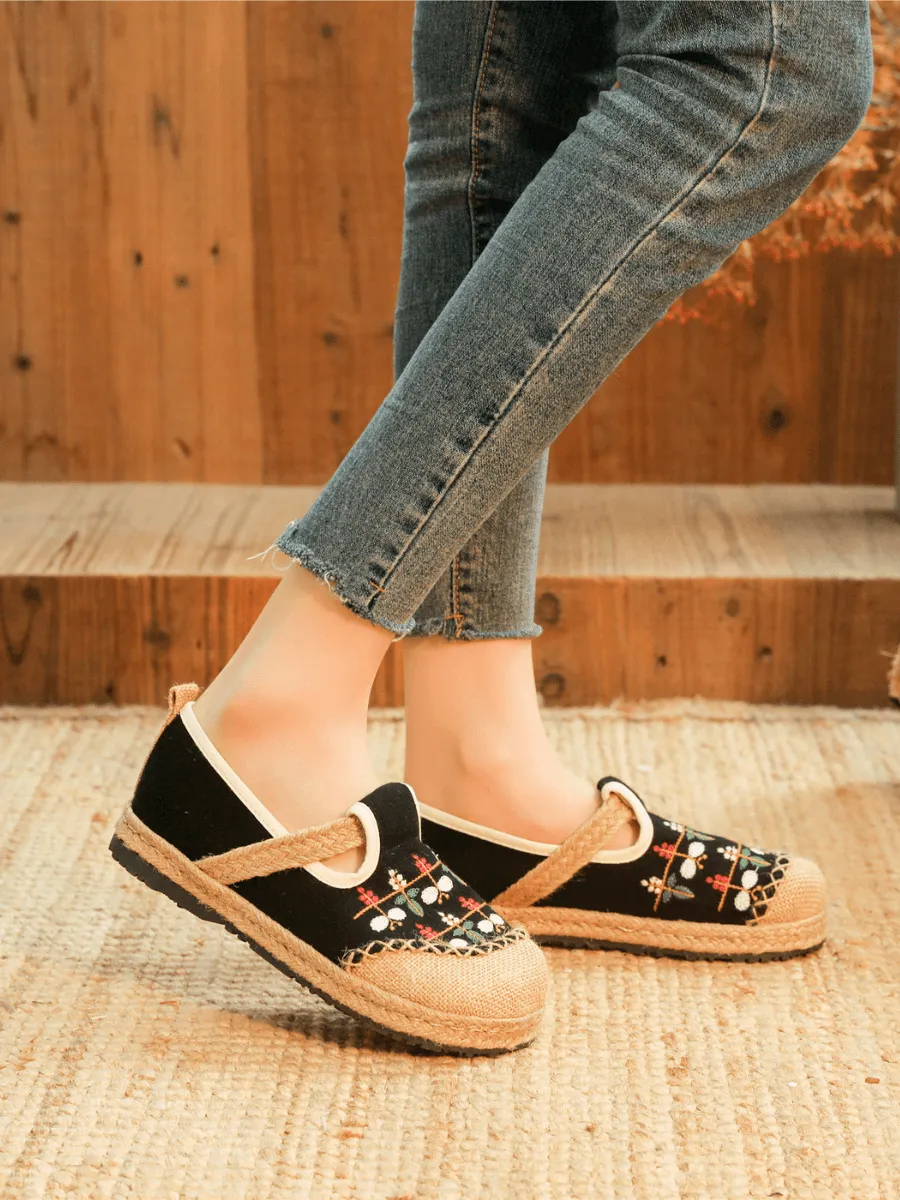 Sweet Garden Embroidered Linen Espadrille - Black