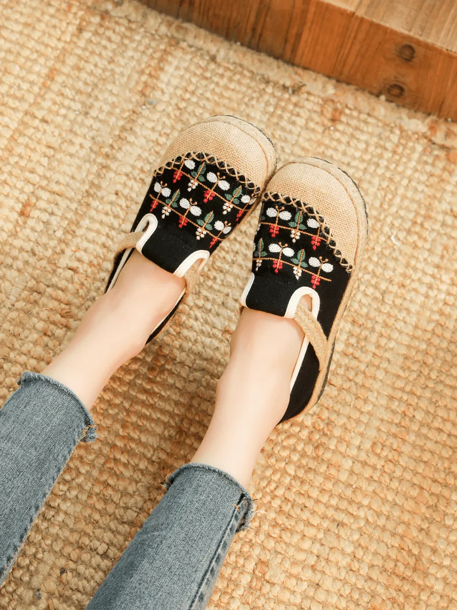 Sweet Garden Embroidered Linen Espadrille - Black