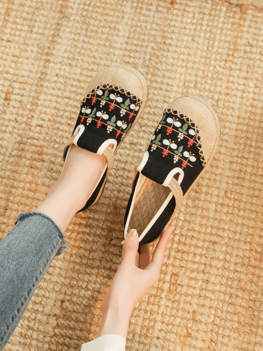 Sweet Garden Embroidered Linen Espadrille - Black