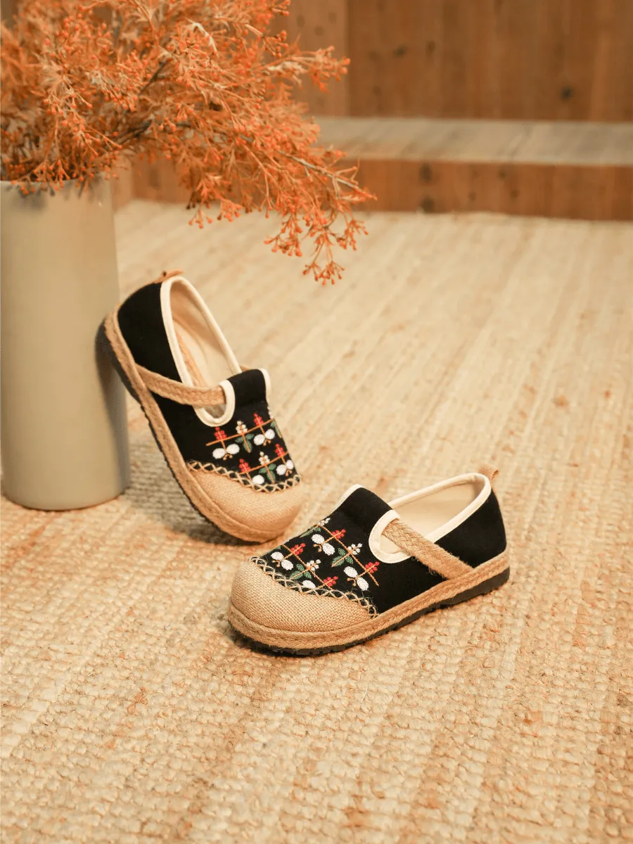 Sweet Garden Embroidered Linen Espadrille - Black