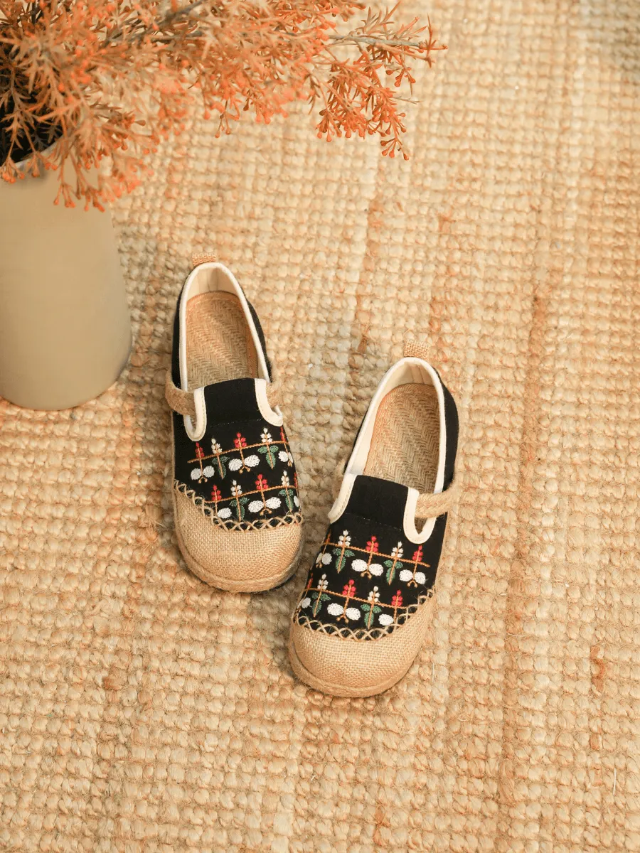 Sweet Garden Embroidered Linen Espadrille - Black