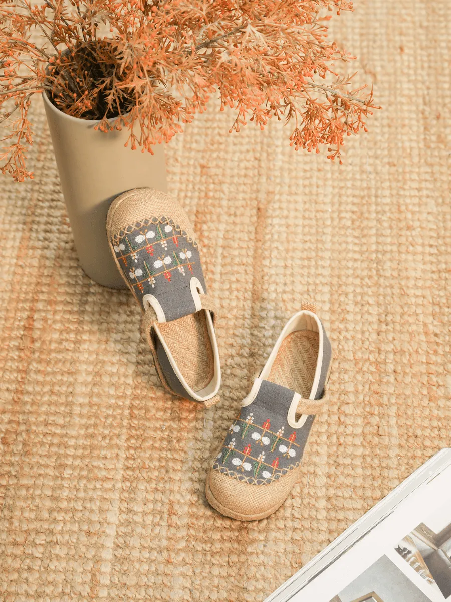 Sweet Garden Embroidered Linen Espadrille - Grey