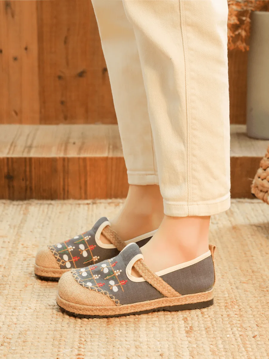 Sweet Garden Embroidered Linen Espadrille - Grey