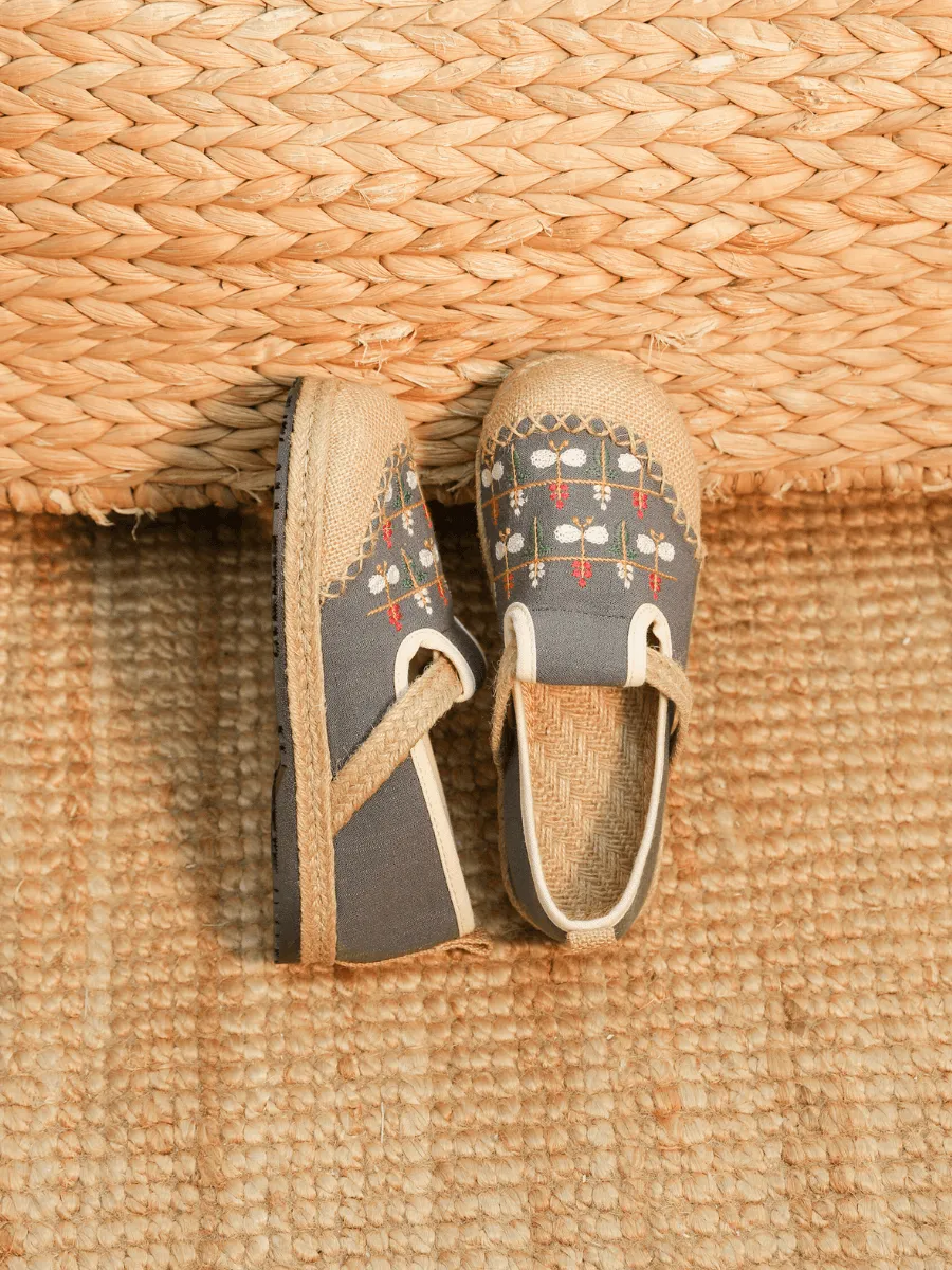 Sweet Garden Embroidered Linen Espadrille - Grey