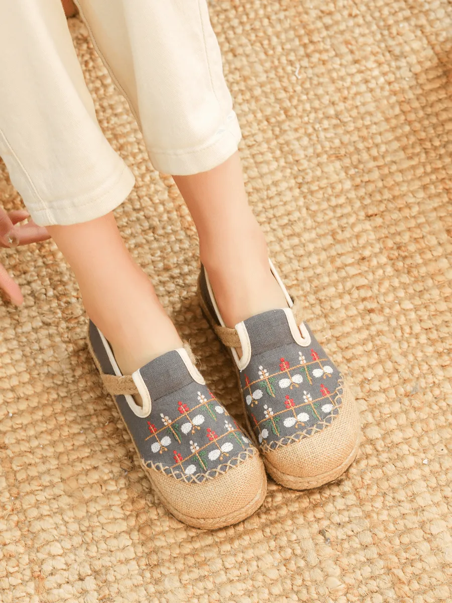 Sweet Garden Embroidered Linen Espadrille - Grey
