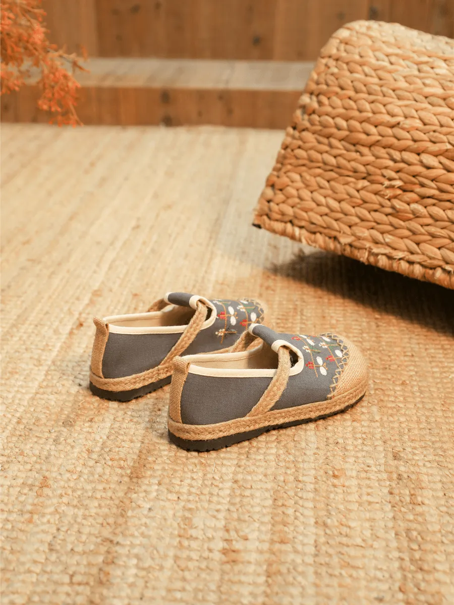 Sweet Garden Embroidered Linen Espadrille - Grey