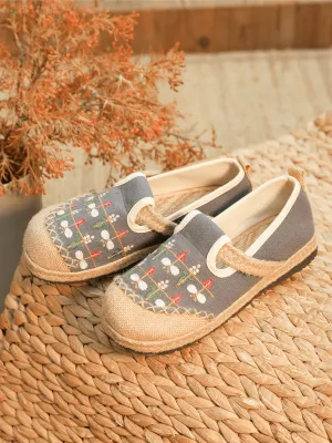 Sweet Garden Embroidered Linen Espadrille - Grey