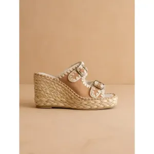 The Rae | Camel Embroidered Espadrille Wedges Double Buckle