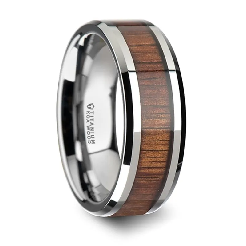 Thorsten Koan Titanium Polished Finish Koa Wood Inlaid Wedding Ring w/ Beveled Edges (8mm) T6002-TBKW