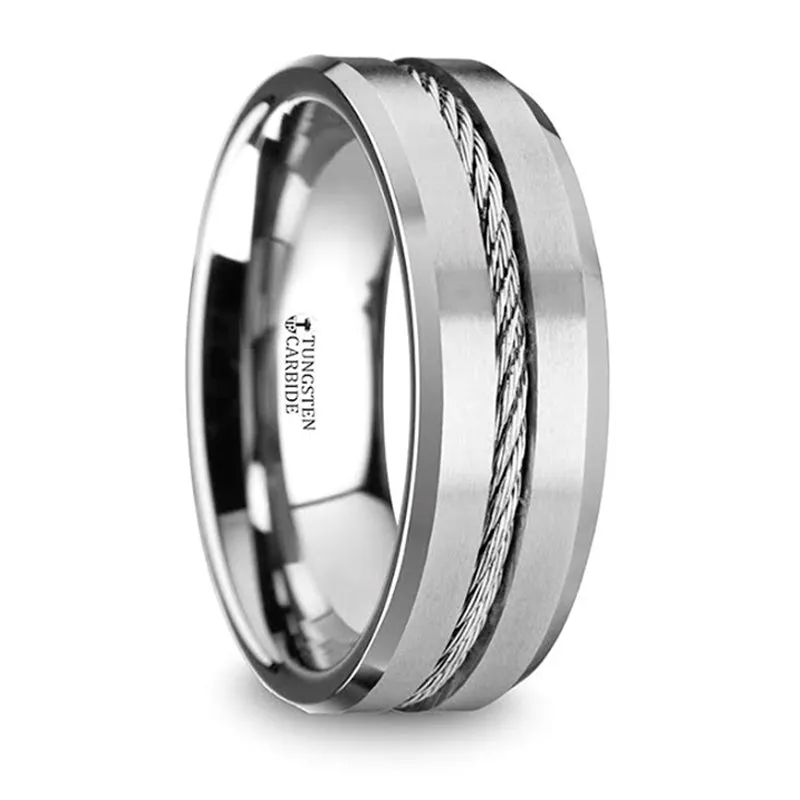Thorsten Lannister Tungsten Flat Wedding Band w/ Steel Wire Cable Inlay & Beveled Edges (8mm) W1403-TCSW