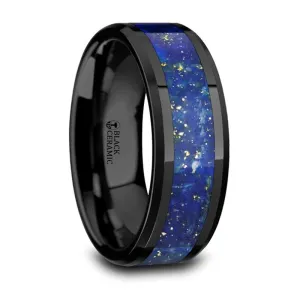 Thorsten Marlow Polished Black Ceramic Wedding Band w/ Blue Lapis Inlay & Beveled Edges (8mm) C5731-PBCL