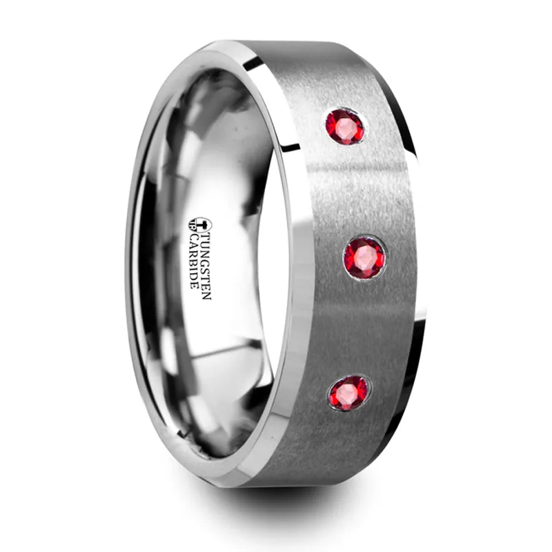 Thorsten Nereus Brushed Tungsten Flat Wedding Band w/ Polished Beveled Edges & Rubies (8mm) T5415-BPTR