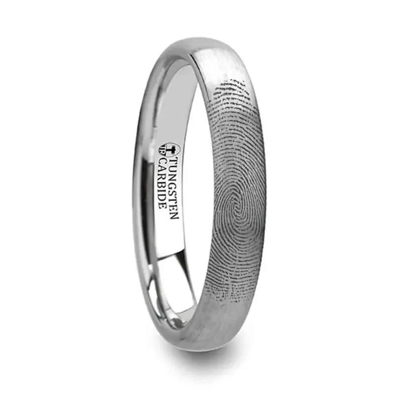 Thorsten Perseus Fingerprint Engraved Domed Brushed Tungsten Ring Brushed Ring (4-8mm) F1299-FBBT