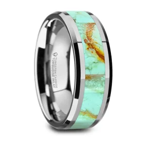 Thorsten Pierre Polished Tungsten Wedding Band w/ Light Blue Turquoise Stone Inlay & Polished Beveled Edges (8mm) W1493-TCTI