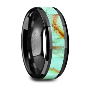 Thorsten Pietro Polished Black Ceramic Wedding Band w/ Light Blue Turquoise Stone Inlay & Polished Beveled Edges (8mm) W1495-BCTI
