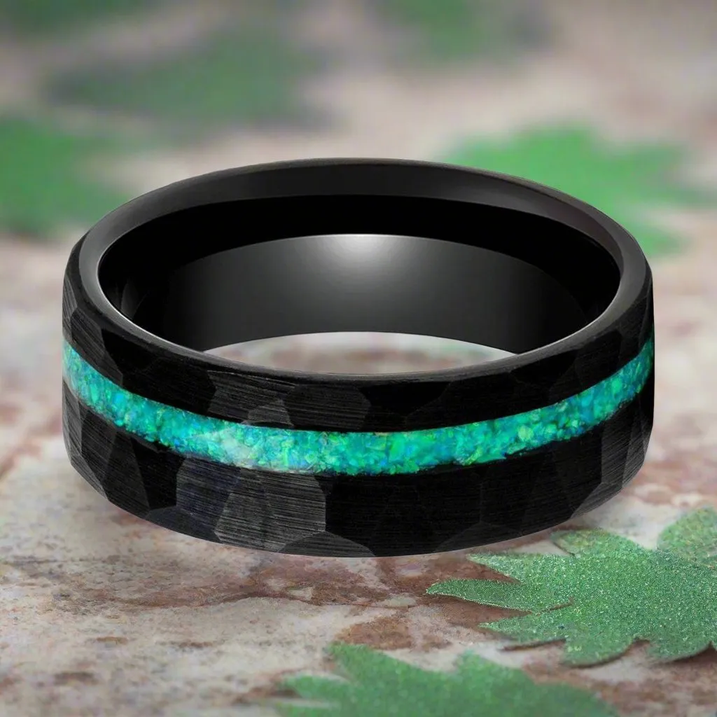 TURQUISEA | Black Tungsten Ring, Hammered, Green Opal Inlay, Flat