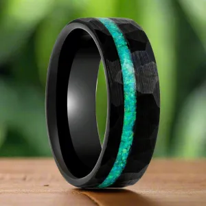 TURQUISEA | Black Tungsten Ring, Hammered, Green Opal Inlay, Flat