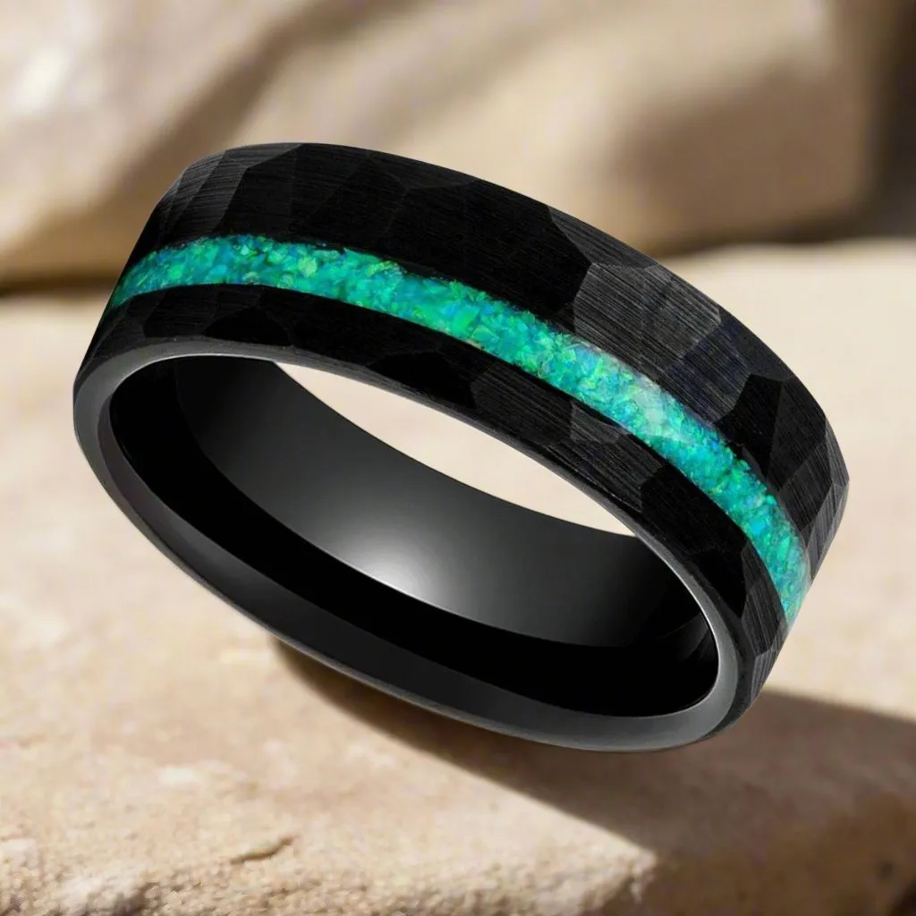 TURQUISEA | Black Tungsten Ring, Hammered, Green Opal Inlay, Flat