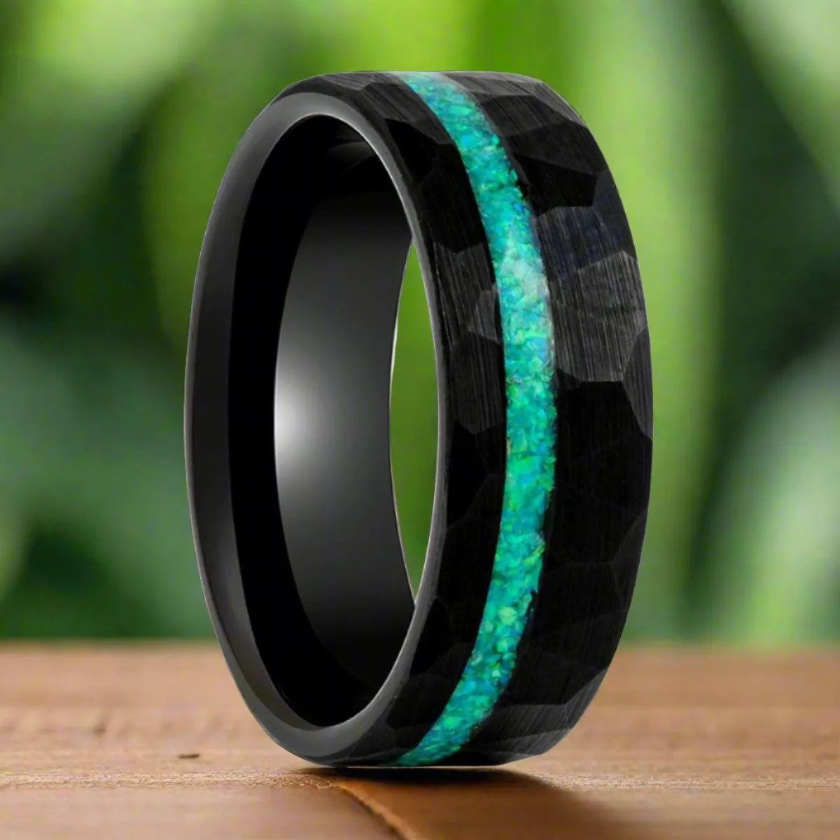 TURQUISEA | Black Tungsten Ring, Hammered, Green Opal Inlay, Flat