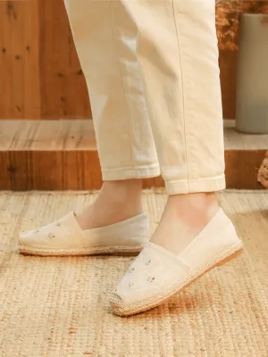 Twin Flower Embroidered Linen Espadrilles - Apricot