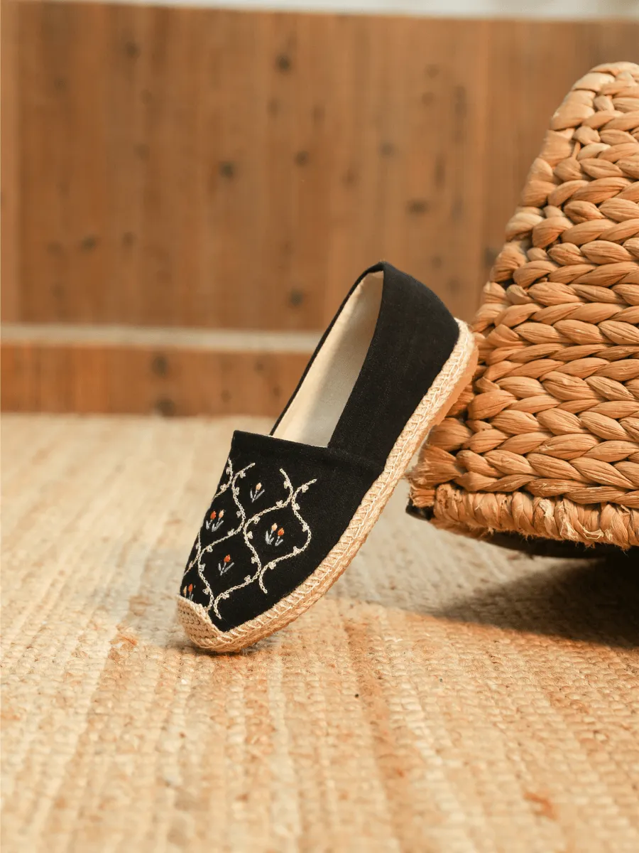 Twin Flower Embroidered Linen Espadrilles - Black