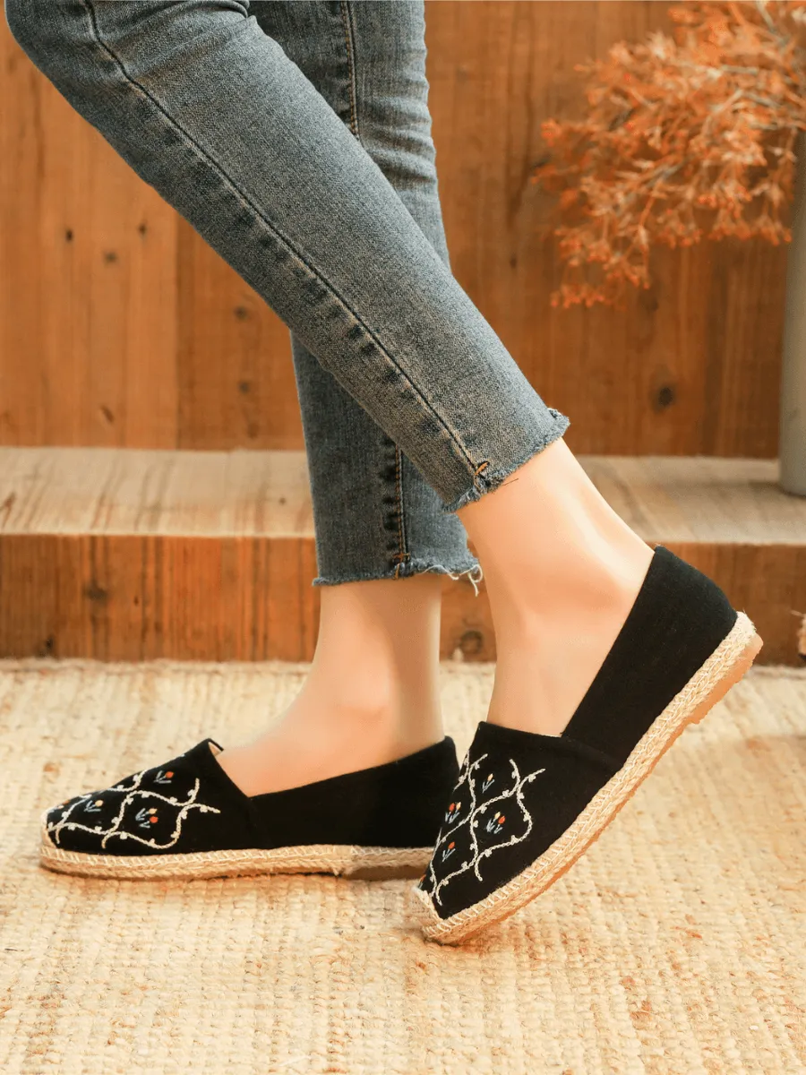 Twin Flower Embroidered Linen Espadrilles - Black