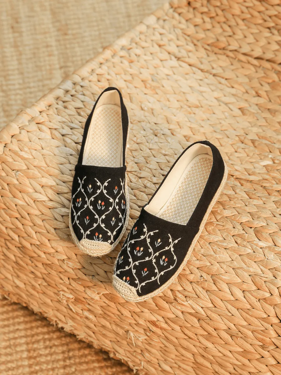Twin Flower Embroidered Linen Espadrilles - Black