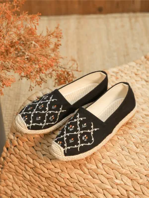 Twin Flower Embroidered Linen Espadrilles - Black