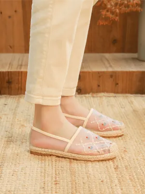 Twin Flower Embroidered Linen Espadrilles - White
