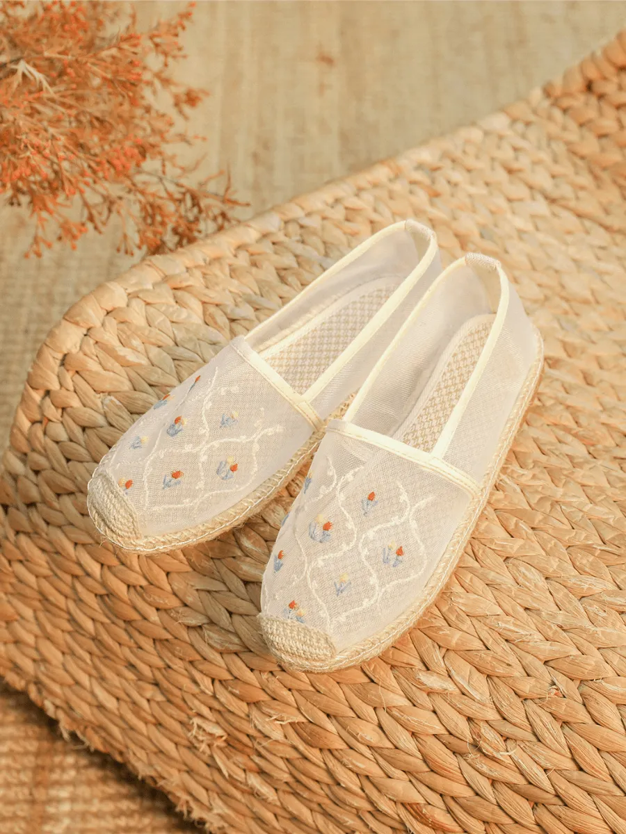 Twin Flower Embroidered Linen Espadrilles - White