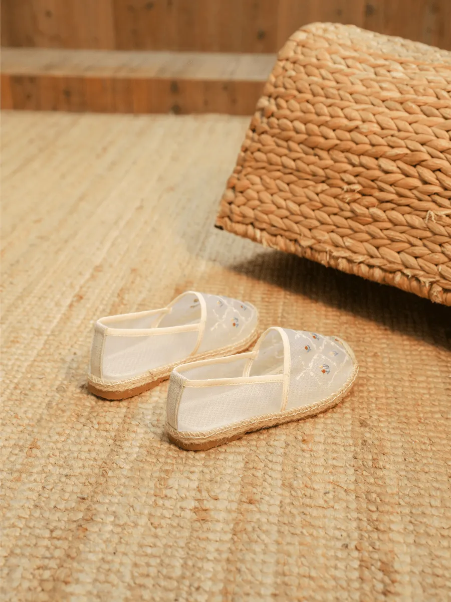 Twin Flower Embroidered Linen Espadrilles - White