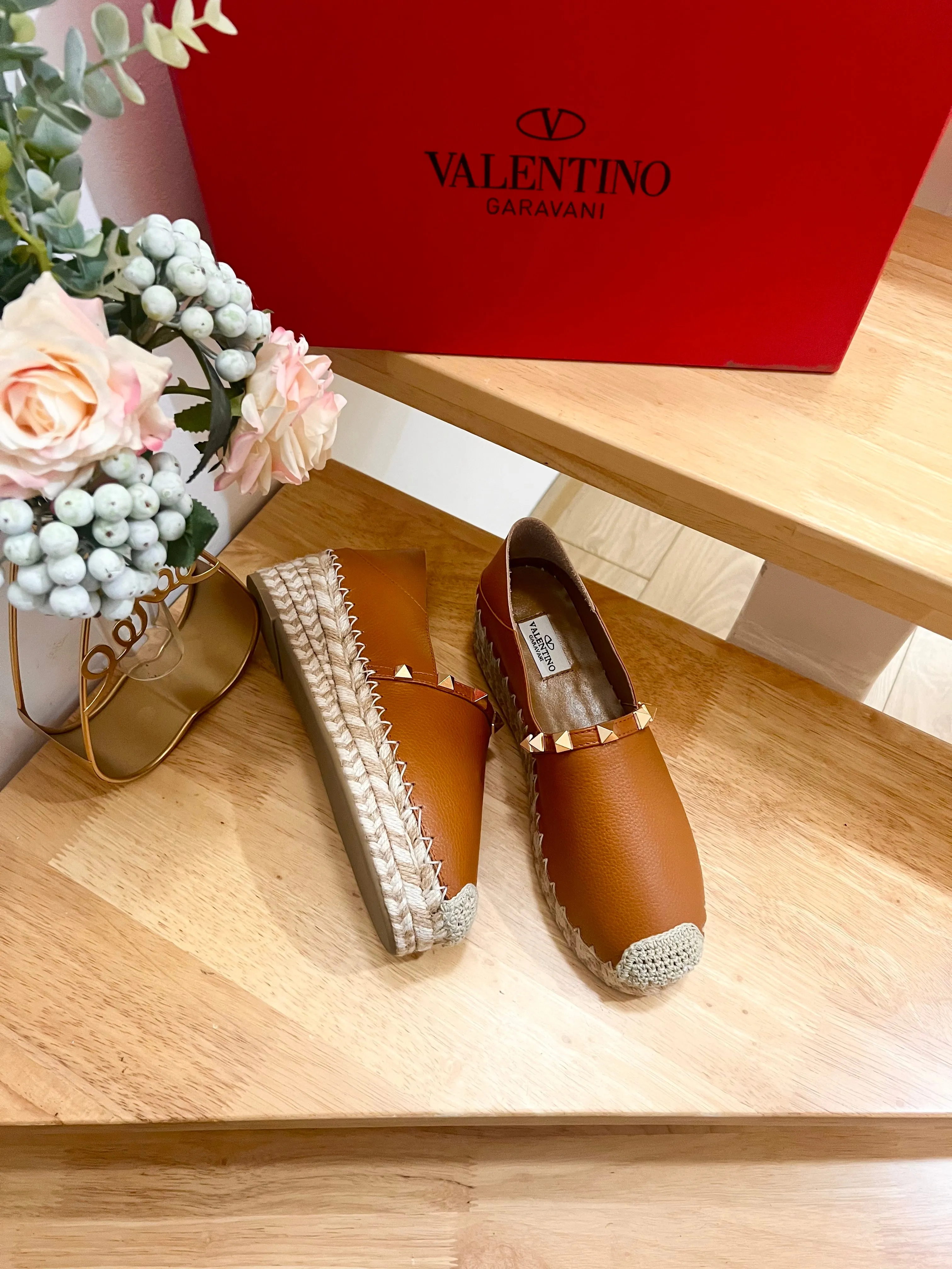 Valentino Rockstud Embellished Slip On Espadrille BRown Cowhide 240573