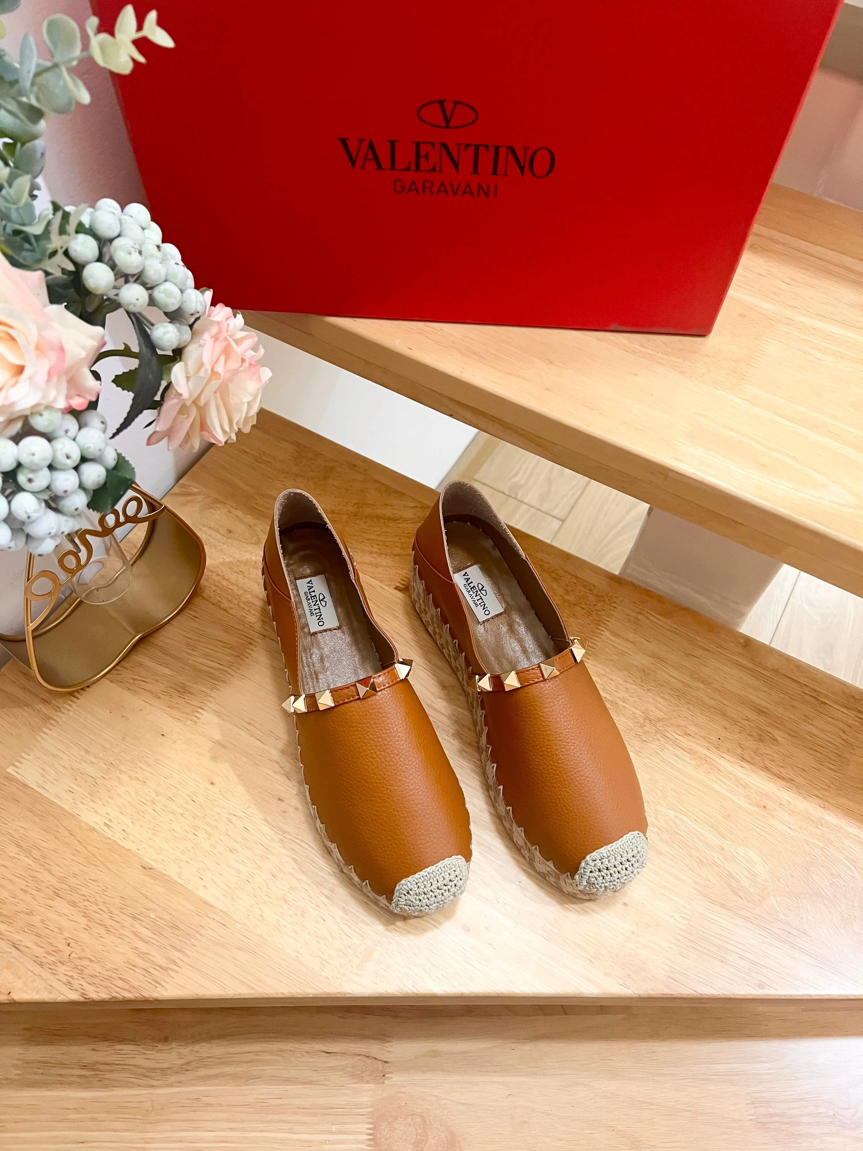 Valentino Rockstud Embellished Slip On Espadrille BRown Cowhide 240573
