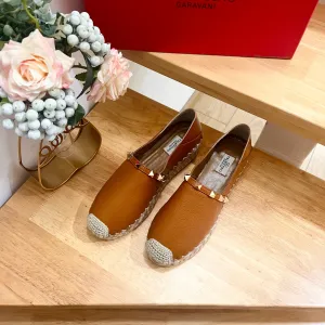Valentino Rockstud Embellished Slip On Espadrille BRown Cowhide 240573