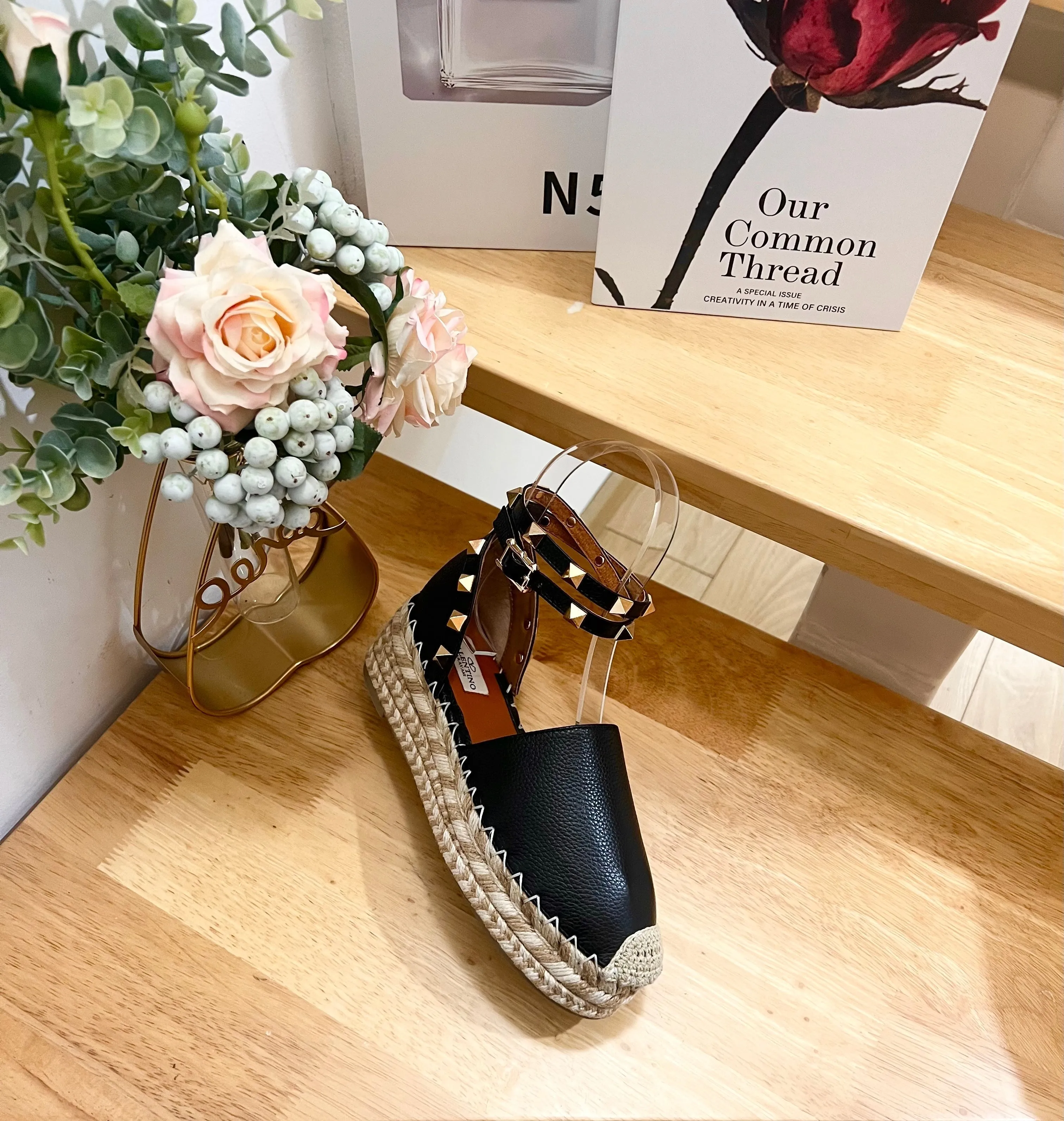 Valentino Rockstud Espadrille Sandals Black Leather 240596