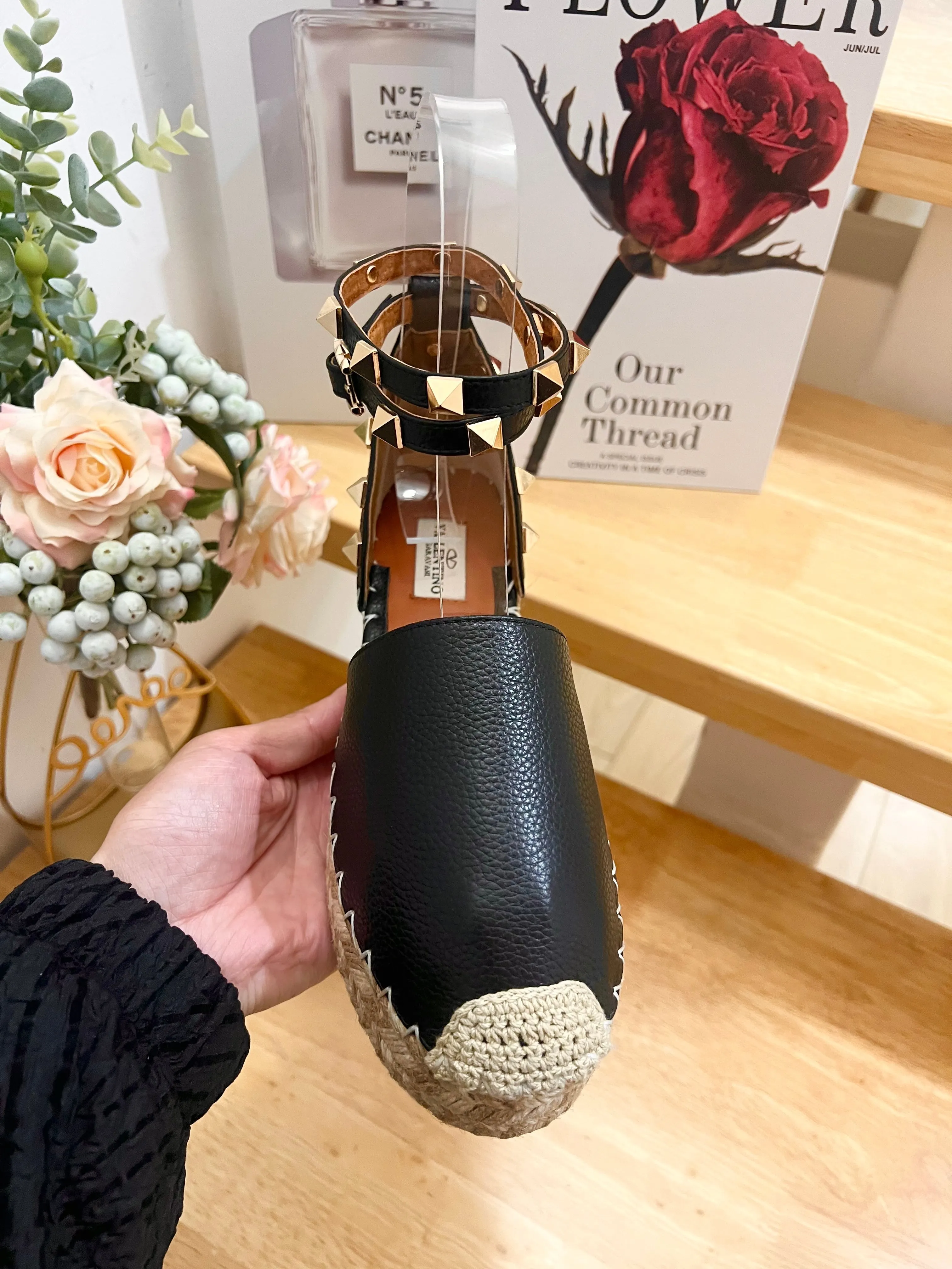Valentino Rockstud Espadrille Sandals Black Leather 240596