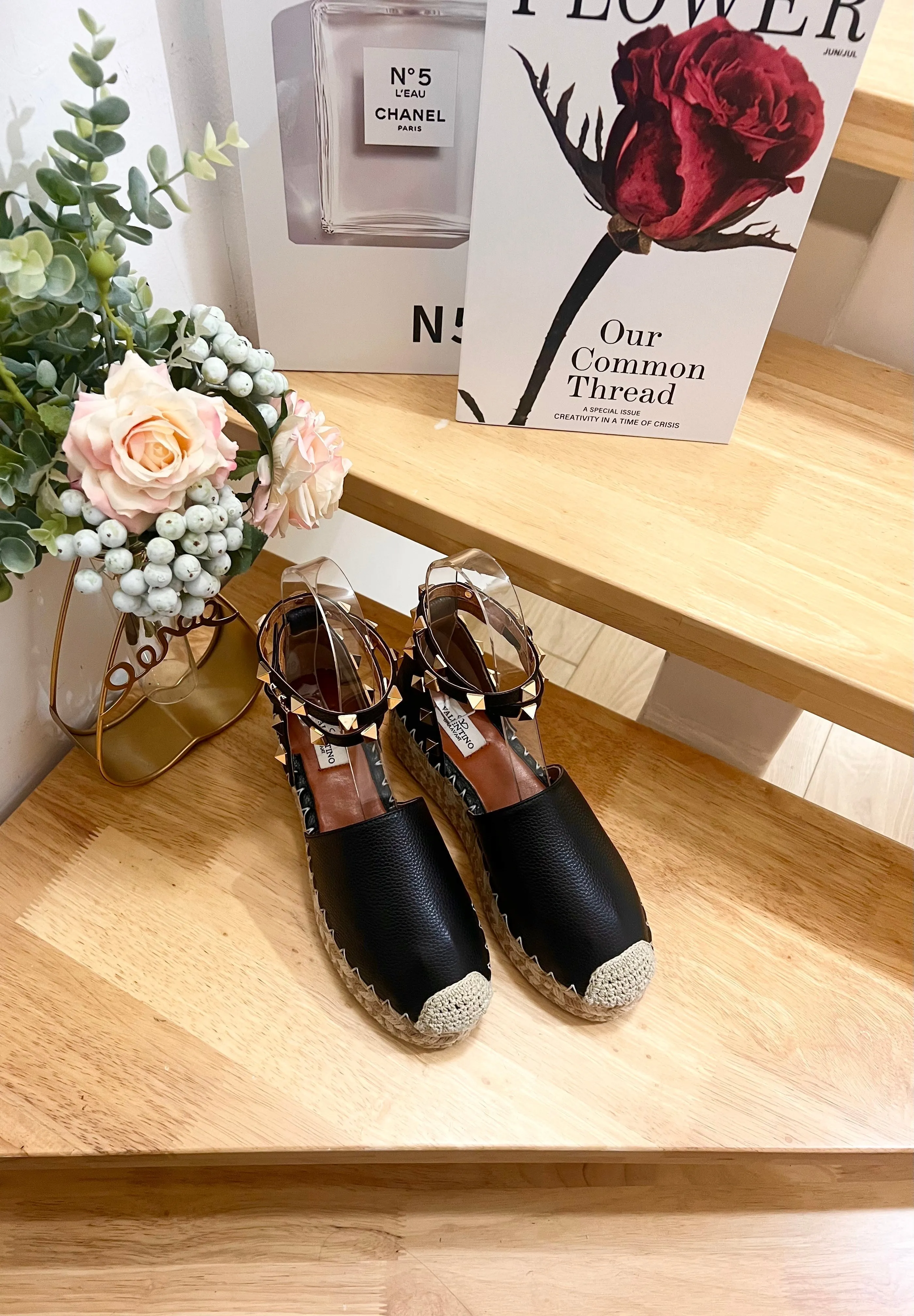 Valentino Rockstud Espadrille Sandals Black Leather 240596