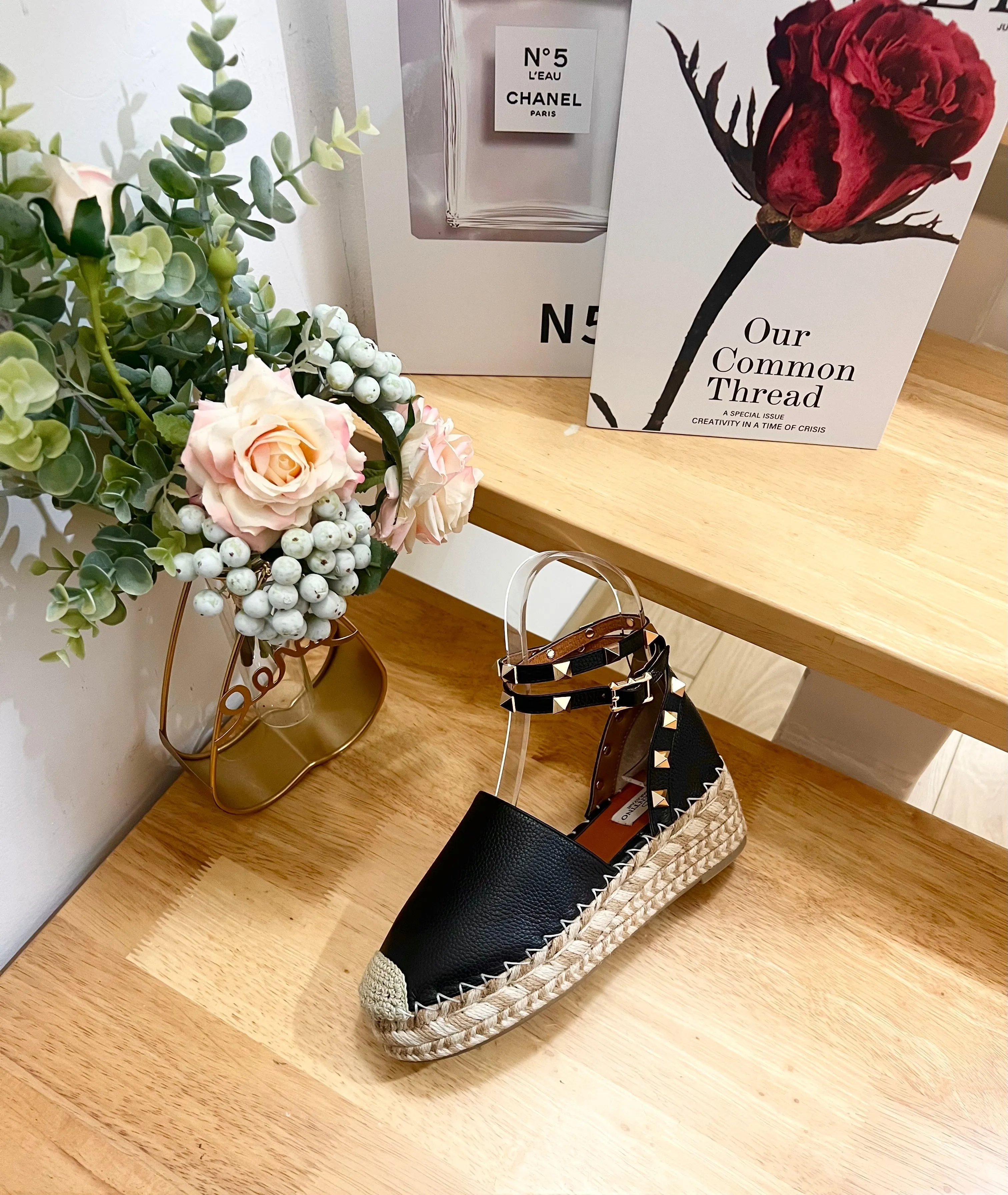 Valentino Rockstud Espadrille Sandals Black Leather 240596
