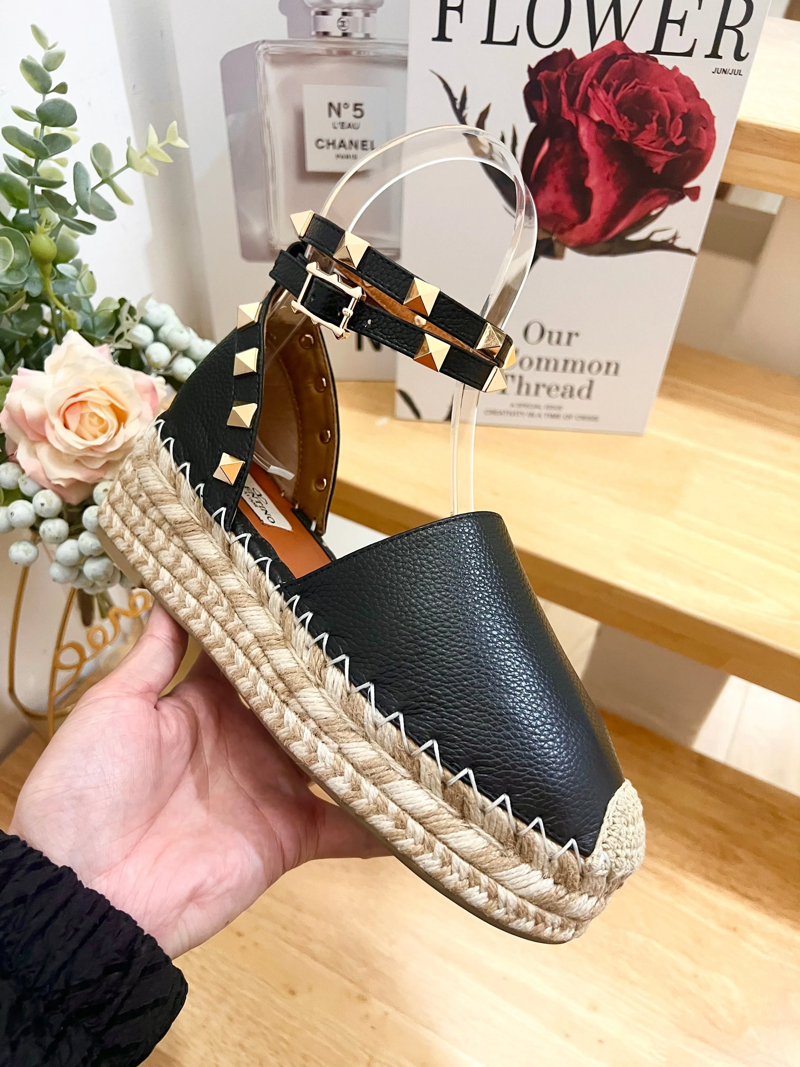 Valentino Rockstud Espadrille Sandals Black Leather 240596