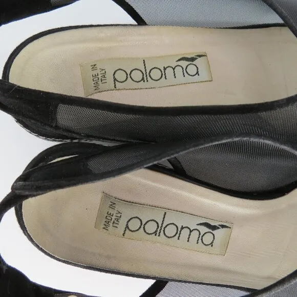 Vintage PALOMA Women's Black Sheer Mesh Low Peeptoe Heels Size 8AA