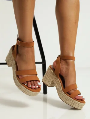Wide Strap Espadrille Platform Sandal - Tan