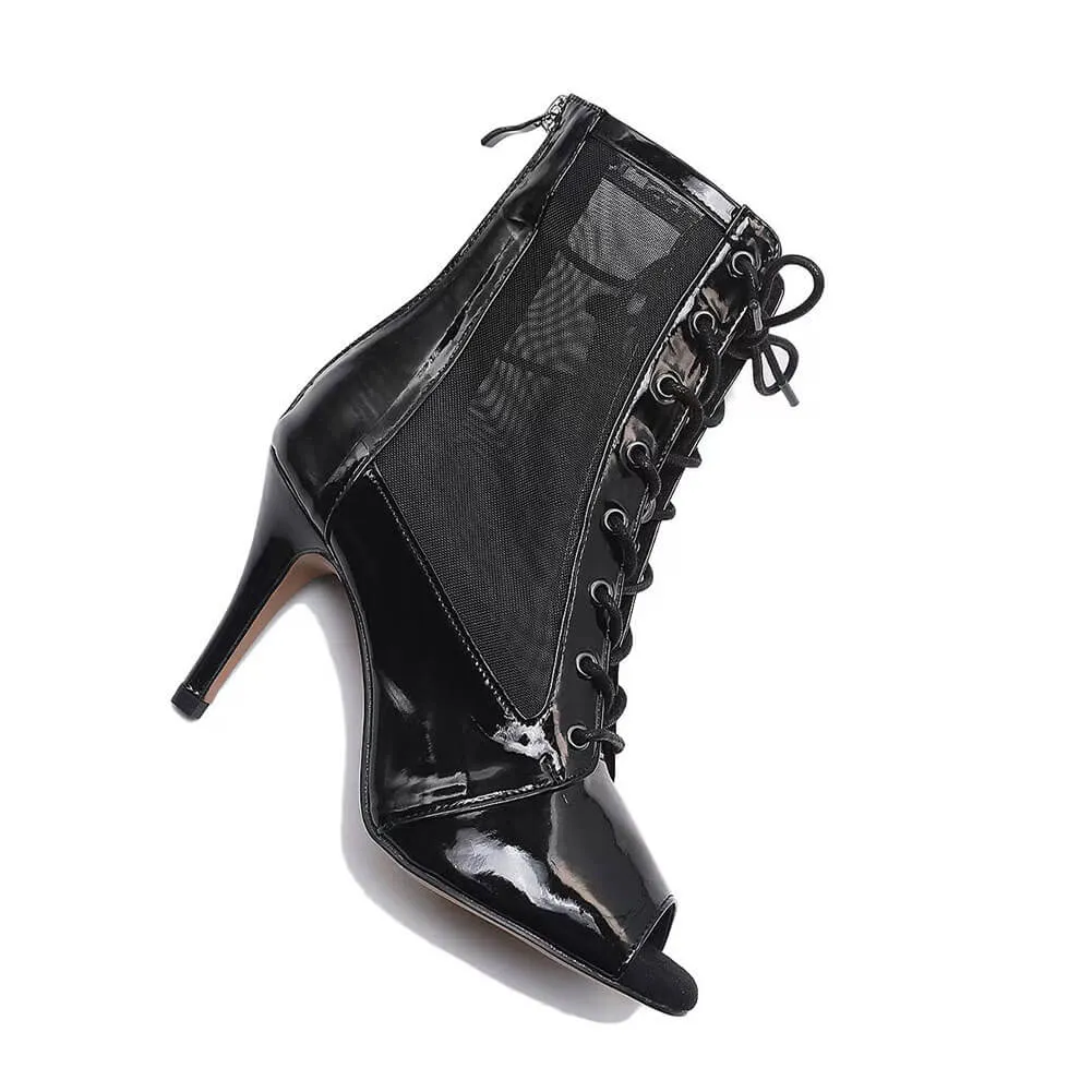 Women's Black Leather Mesh Zipper Heels Ankle Booties