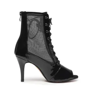 Women's Black Leather Mesh Zipper Heels Ankle Booties