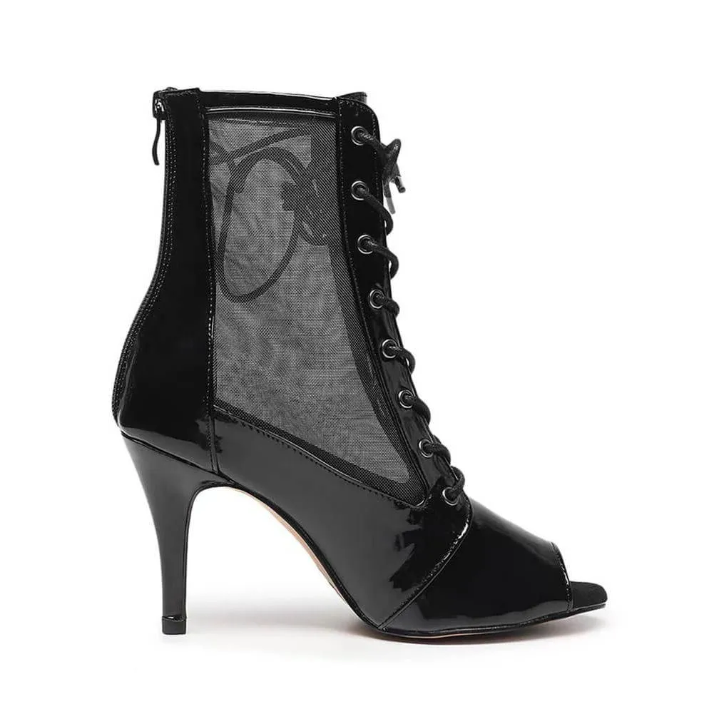 Women's Black Leather Mesh Zipper Heels Ankle Booties