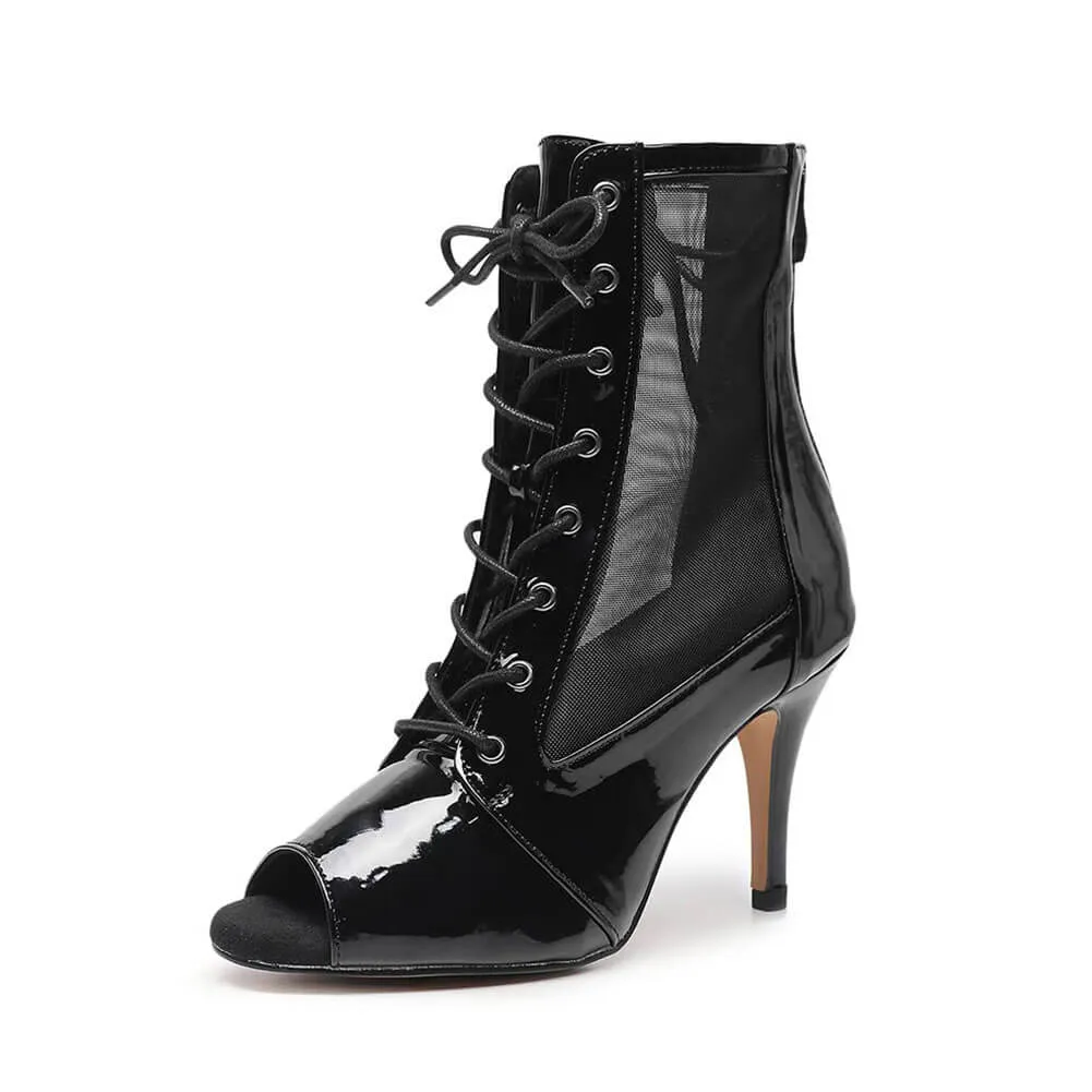 Women's Black Leather Mesh Zipper Heels Ankle Booties